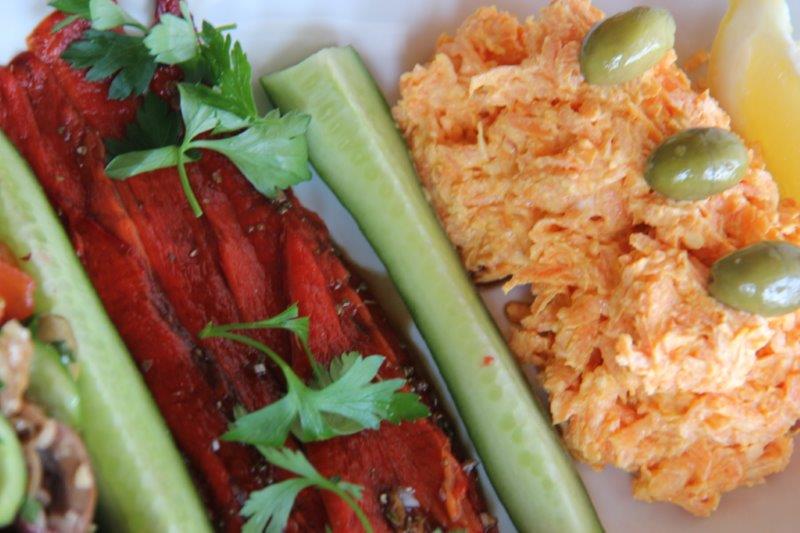 Turkish Meze Platter Marinated Roasted Bell Peppers & Yogurt Carrot Dip
