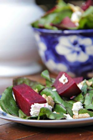 How to make the best beet with goat cheese and walnut salad - Great salad using the leaves from the beets, silver beet or spinach for greens. www.compassandfork.com